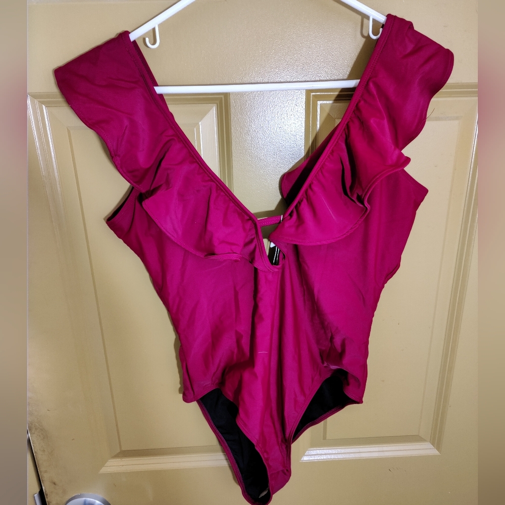 Sporlike Dark Red One Piece V-Neck Ruffle Swimsuit Size L NWT